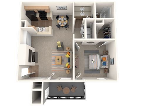 A 3D floor plan of a small apartment with a kitchen, living room, and bedroom.
